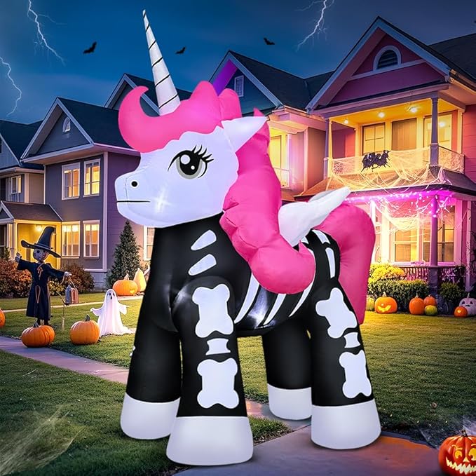 5FT Halloween Inflatables Decoration Outdoor, Halloween Blow up Outdoor Decoration, Built in LED Lights Skeleton Unicorn Decorations for Party, Indoor, Outdoor, Garden, Yard Lawn Décor