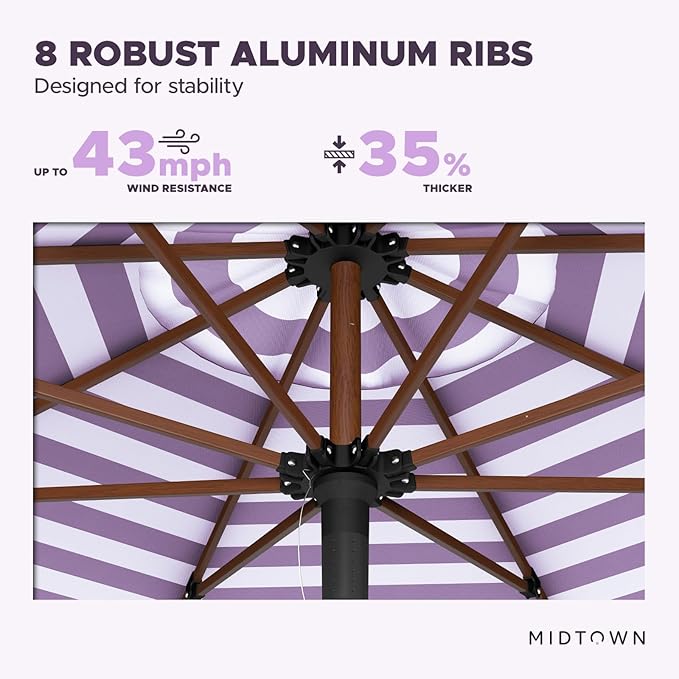 Midtown Umbrellas The Wooden 9 Feet Patio Umbrella With Terylast Midtown Stripes (Purple/White Stripes) Polyester Fabric - Aluminum Frame Market Umbrella For Backyard, Deck, Garden, Pool - Wooden Pole