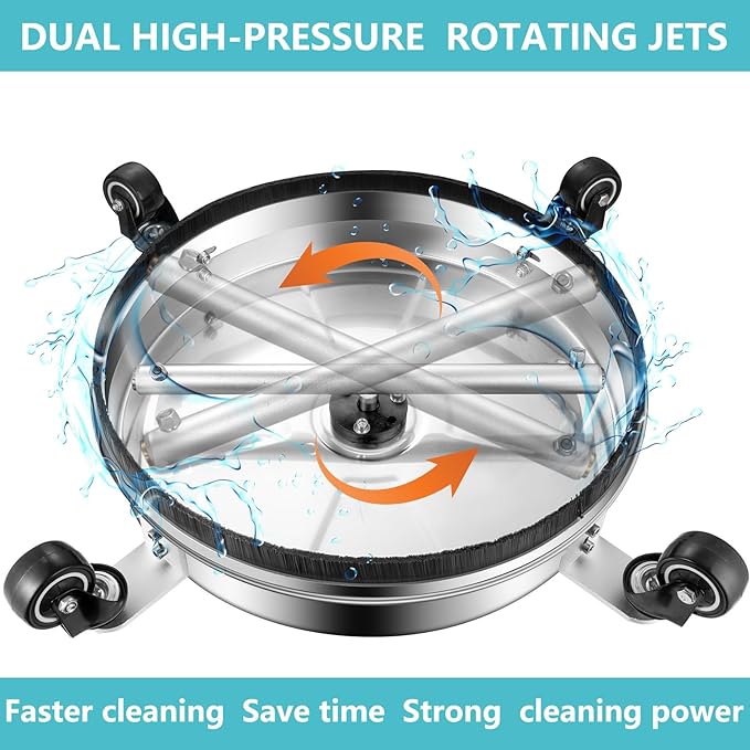 14" Pressure Washer Surface Cleaner with 4 Wheels-Stainless Steel Power Washer Accessories for Concrete Driveways Sidewalks Patios Cleaning (14 INCH Silver)