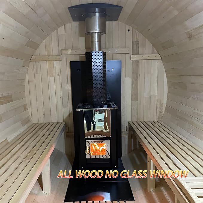 Customize Wood Burning Sauna 4-8 Person, Outdoor Canadian Red Cedar Barrel Sauna with Porch, Glass Window Option, Scenic Porch, Wood Stove, Luxurious Texture