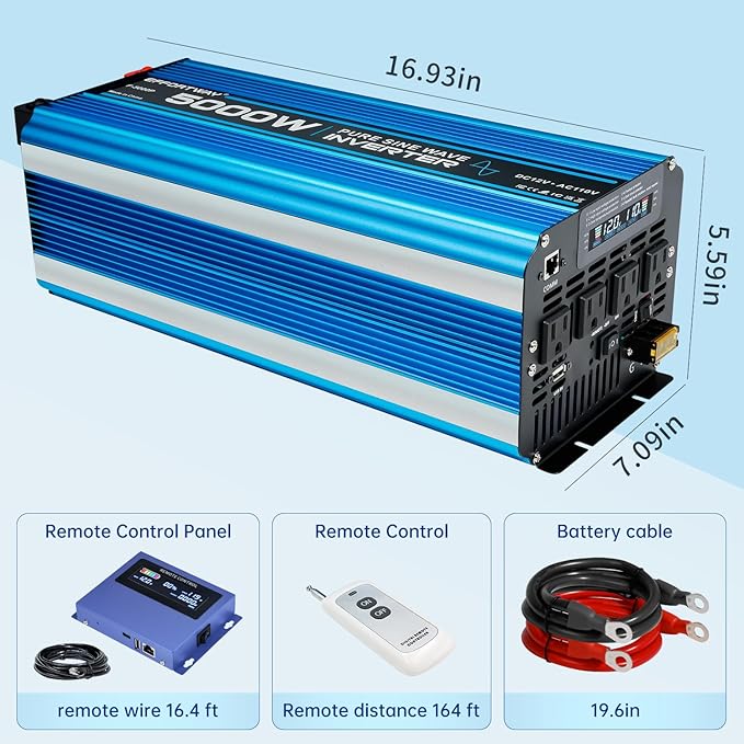 5000W Pure sine Wave Inverter DC 12V to AC 110V/120V Converter 10000w (Peak) with LCD Display Wireless/Wired Remote Control 4AC outlets 4USB and Hardwired AC.Ideal for RV Travel Off-Grid Solar Systems