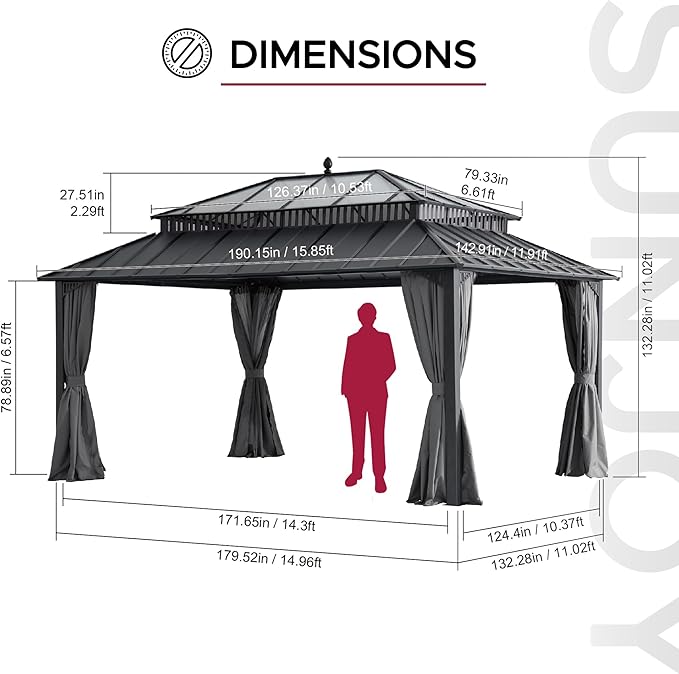 SUNJOY Kingston 16' x 12' Hardtop Gazebo with Galvanized Steel/Polycarbonate Double Roof, Curtain and Netting, Gray Aluminum Posts Permanent Pavilion Gazebo for Garden, Patio, Deck, Lawn