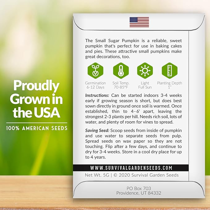 Survival Garden Seeds - Small Sugar Pumpkin Seed for Planting - 5 Packs with Instructions to Plant and Grow Pie Pumpkins in Your Home Vegetable Garden - Non-GMO Heirloom Variety Plant Seed