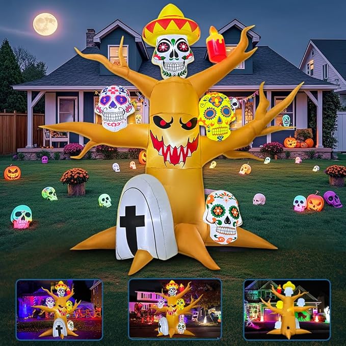 8FT Halloween Inflatable Decorations, Blow up Tree Decorations Day of The Dead Catrina Skulls Dia de Los Muertos, Built-in LEDs for Halloween Party, Garden, Lawn, Yard, Patio Décor