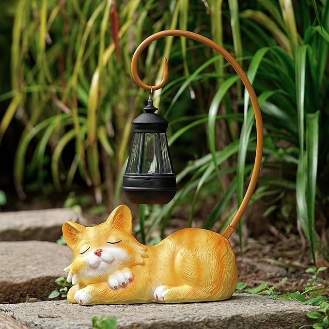 Outdoor Cat Figurine Garden Statue with Solar-Powered LED Light 13.77 Inches Tall Gift Garden Statue Decor for Cat Lovers Yellow