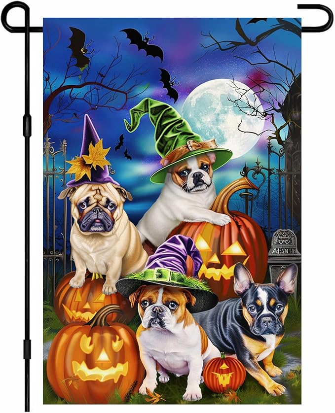 Double Sided 12x18 Inch Halloween Garden Flag, Scary Pumpkin Pug Bat Haunted House Outdoor Decoration, Halloween Trick or Treat Dog Garden Flag for Outdoor Yard Lawn Decoration