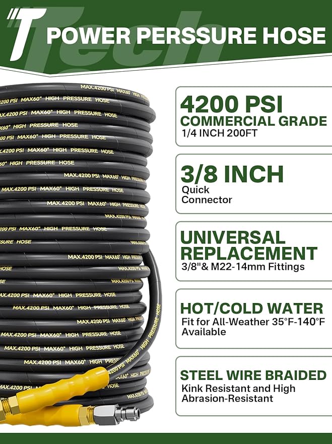 4200PSI Pressure Washer Hose 200FT with 3/8" Swivel Quick Connect for Cold/Hot Water, Kink Resistant Steel Wire Braided, Wear Resistant Power Washer Hose with 2 M22 14mm Adapter Set