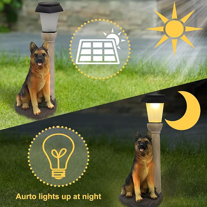 Solar Dog Garden Statues with Lantern, Resin German Shepherd Sculpture with Warm White Light for Outside Lawn Porch Patio