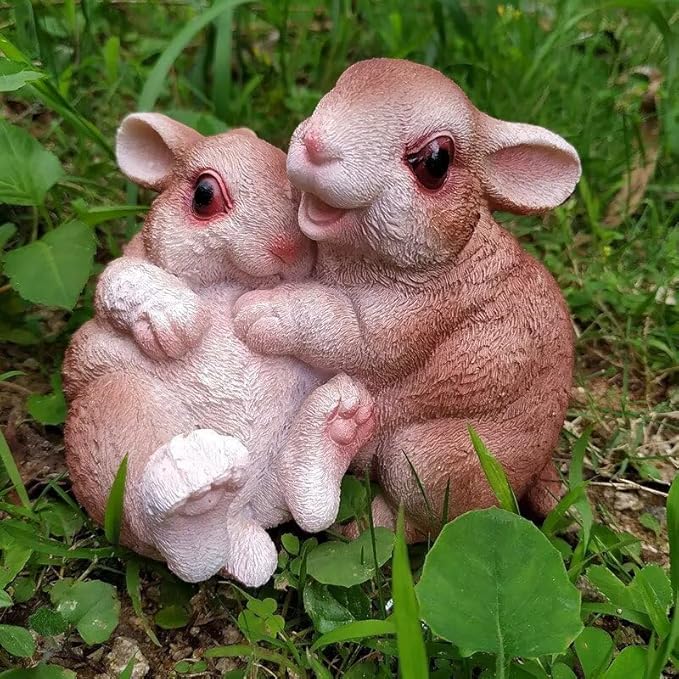 Garden Statues Bunny Decor Resin Hug Rabbit Figurine Cute Fairy Garden Decor Outdoor Statues for Patio Yard Porch Balcony Gifts for Women Mom Grandma Brown