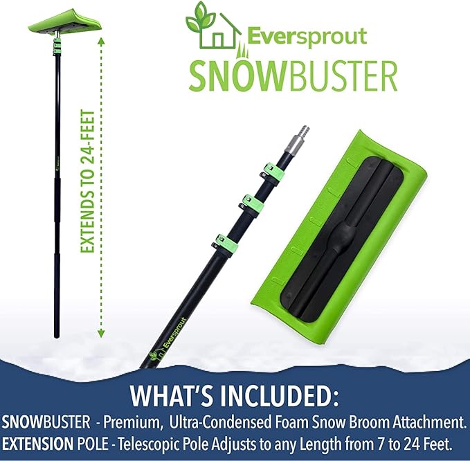 EVERSPROUT Never-Scratch SnowBuster and Ice Scraper 7-to-24 Foot (Up to 30 Ft Standing Reach) | Pre Assembled Extendable Roof Rake for Snow Removal | Heavy-Duty Aluminum, Soft Foam Pad