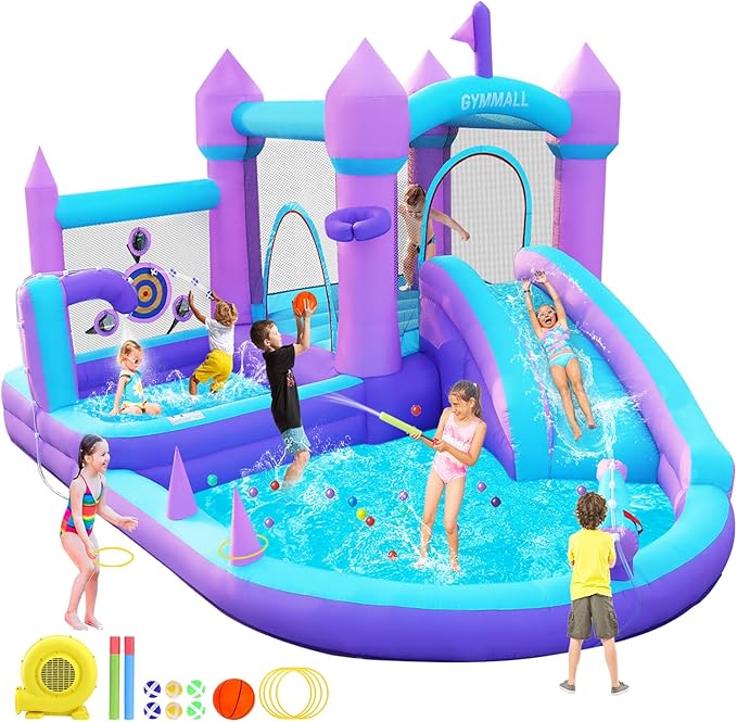 Water Bounce House for Kids 3-8, Purple Large Inflatable Bouncy Castle with Water Slide 480W Air Blower Jumping Space Ball Pit Swim Pool Basketball, Bouncy House for Party Birthday Event Gift