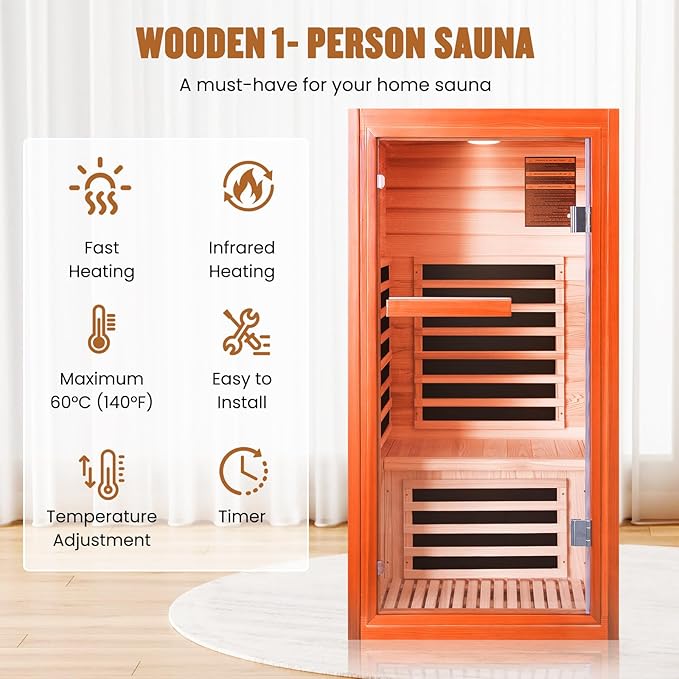 Sauna, Far Infrared Saunas for Home 1 Person Wooden Sauna 1065W/120V Low Emf Dry Sauna Indoor Sauna Room with Tempered Glass Door/Speakers/Air Hole and Colored Lighting - 31.5 * 31.5 * 63 in