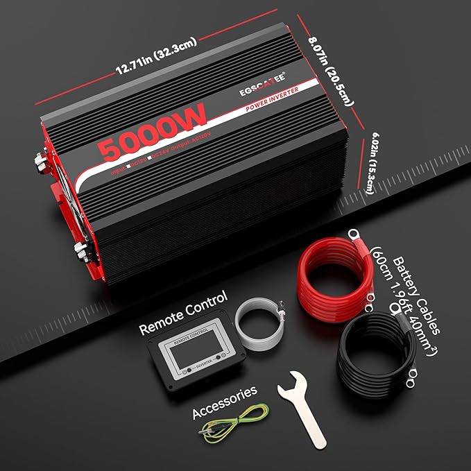 5000W Power Inverter 12V DC to 120V AC Converter for Truck, Home, RV, Peak 10000W Off-Grid Solar Power Inverter with 4 AC Outlets, USB Port,Type-C Port, Remote Controller with LCD Screen