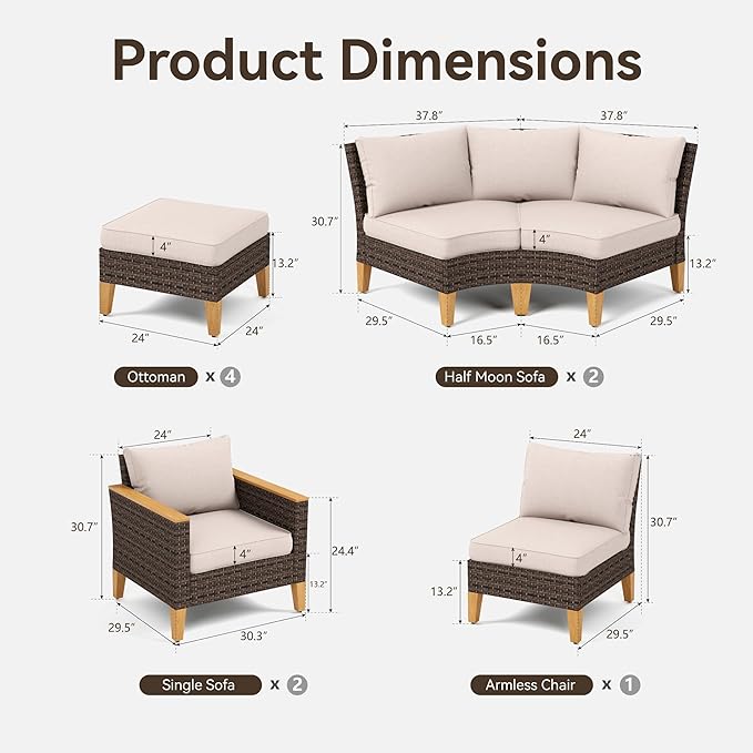 GREEN PARTY 11 Pieces Wicker Patio Furniture Set, All-Weather Outdoor Rattan Half-Moon Curved Patio Sectional Sofa Conversation Set 11 Seats for Garden, Backyard, 2 x Ottomans