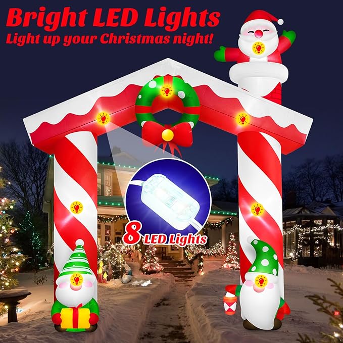 Danxilu 10 FT Giant Christmas Inflation Archway Outdoor Decoration, Blow Up Yard Decorations with Gnomes & Santa Claus Built-in LEDs Xmas Inflatable Arch for Outside Garden Lawn Holiday Party Decor