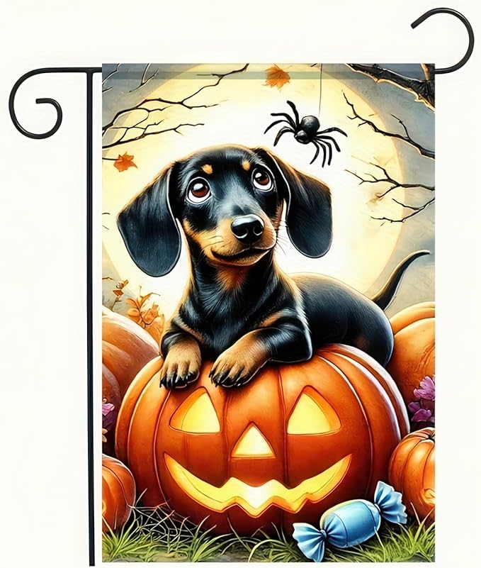 Halloween Garden Flags 12x18 Inch Double Sided Trick or Treat Dachshund Dog Garden Flag Halloween Dog Skeleton Decorations Banner Small Halloween Outdoor Yard Flag for Outside