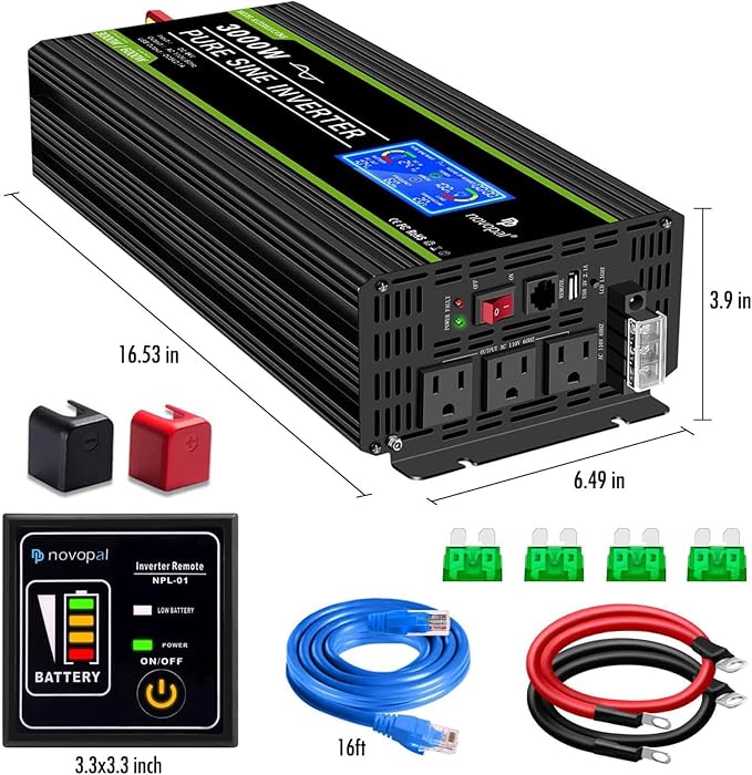 NOVOPAL 3000 Watt Pure Sine Wave Power Inverter 24V to 110V 120V Rv Inverters with 3 AC Outlets,High Power AC Terminal-16 ft Remote Control, LCD Display for Truck, Hurricane, Home