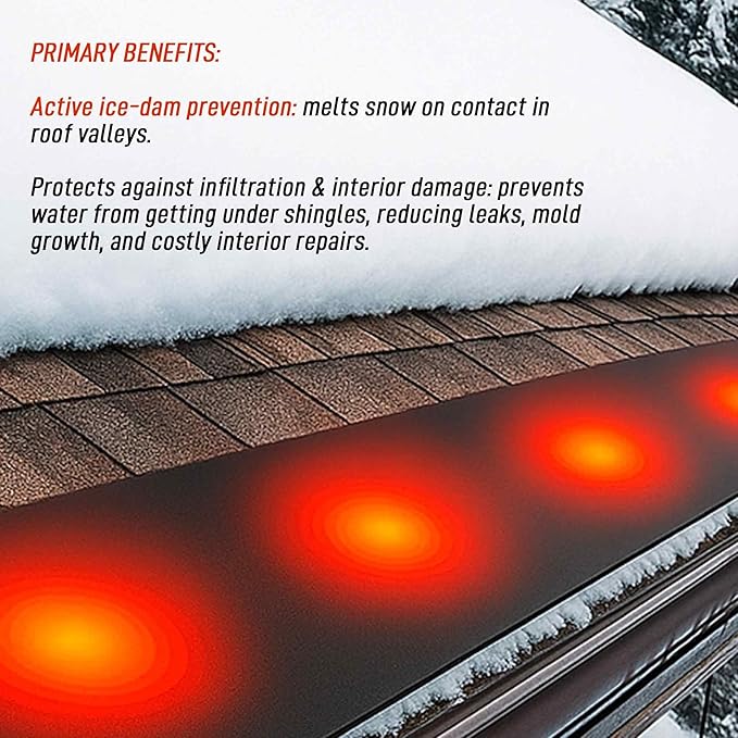 RHS Roof & Valley Snow Melting Mats – Ice Dam Prevention, American-Made, Black, Melts 2” Snow/Hour (15’ x 13”)