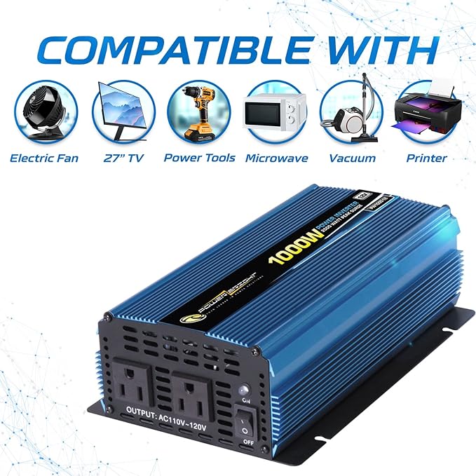 PowerBright 1000W Power Inverter DC 12V to 120V AC Car Inverter Power Converter with Dual 120 Volt AC Outlets. Easy to Install, Automotive Back Up Power Supply for Televisions, Blenders, Power Tools