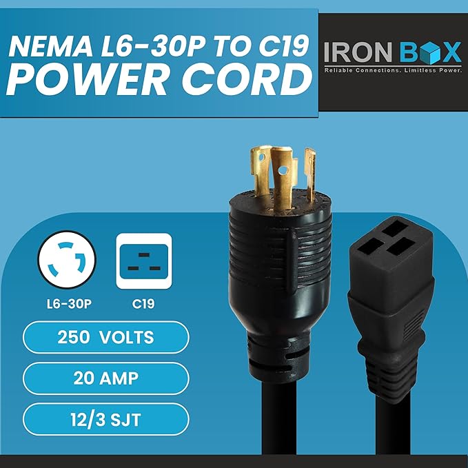 IronBox Electric NEMA L6-30P to C19 Power Cord - 20Amp, 250V, 12/3 SJT - UL Listed Heavy Duty Power Extension Cable for Generator, Data Centers, Outdoor Use, High-Powered Applications & More (8 ft)