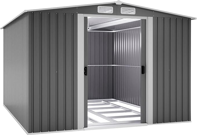 8x10 FT Outdoor Storage Shed, Metal Steel Utility Tool Shed Storage House with Double Lockable Doors & Air Vent for Backyard Garden Patio Lawn Gray