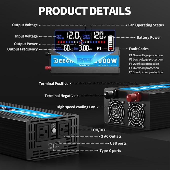 3000 Watt Power Inverter Car/Home 12V DC to 110V/120V AC Converter with 2 AC Outlets, USB & Type-C Port Car Inverter Peak Power 6000W for RV,Truck,Off-Grid Solar System with Remote Controller-Blue