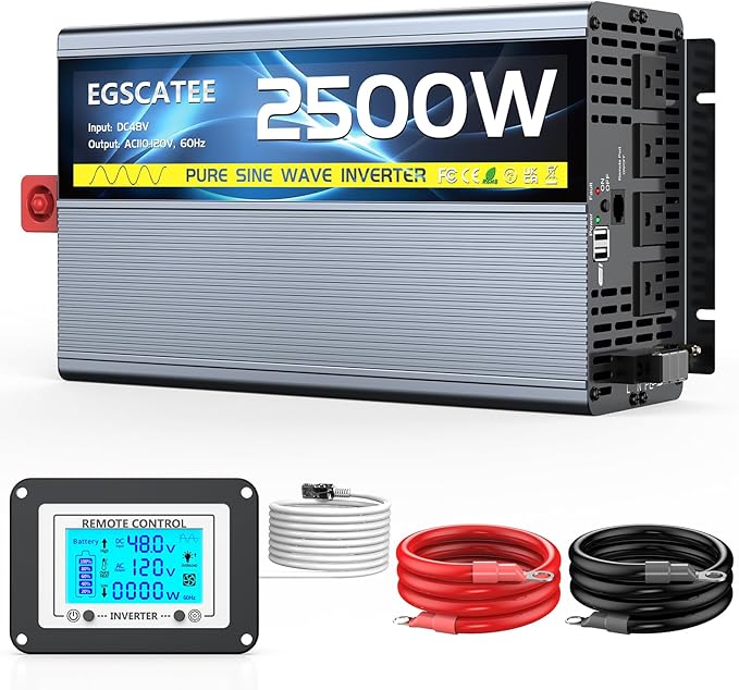 48V 2500W Pure Sine Wave Inverter 48V DC to 110V/120V AC Converter with 4AC Outlets, 5V/3.4A USB, Remote Control with on-Screen Display, Off-Grid Solar Power Inverter for Truck, Home, Vehicles, RV