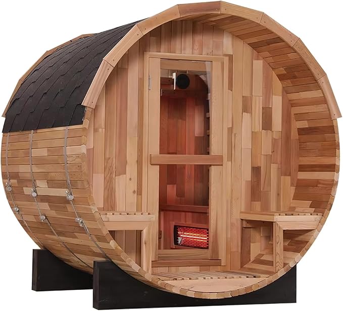 Outdoor Far Infrared Sauna 6 Person, Canadian Red Cedar Barrel Sauna, Extra Large Space with Porch, 220V, 3500 W, 10 Heating Element, Oxygen Bar, USB Radio, Lamps(0-140℉)