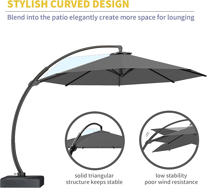 Kingdura 12ft Offset Cantilever Patio Umbrella with Base Included, Large Round Aluminum Outdoor Umbrella, 360° Rotation & Infinite Tilt, Heavy Duty Frame for Deck Pool Backyard, Grey