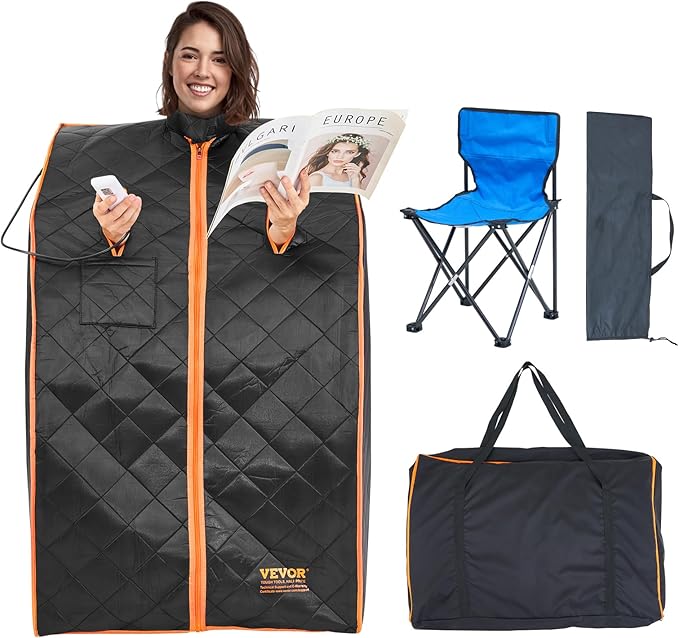 VEVOR Infrared Portable Sauna Tent, 1050W Personal Sauna Kit for Home Spa, Heated Body Therapy, Time & Temperature Remote Control with Chair & Floor Mat & Storage Bag, Black, 2.2’x 2.6’x 3.2’