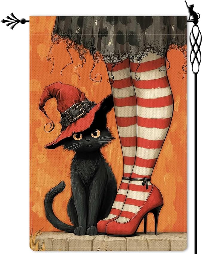 Witch's Black Cat Garden Flag Halloween Holiday Garden Flag Vertical Double Sided Rustic Farmland Burlap Yard Lawn Outdoor Decor 12.5x18"