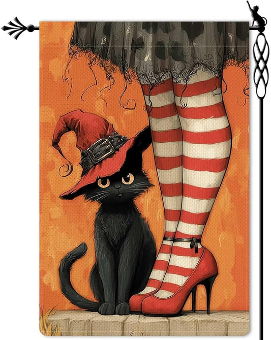 Witch's Black Cat Garden Flag Halloween Holiday Garden Flag Vertical Double Sided Rustic Farmland Burlap Yard Lawn Outdoor Decor 12.5x18"