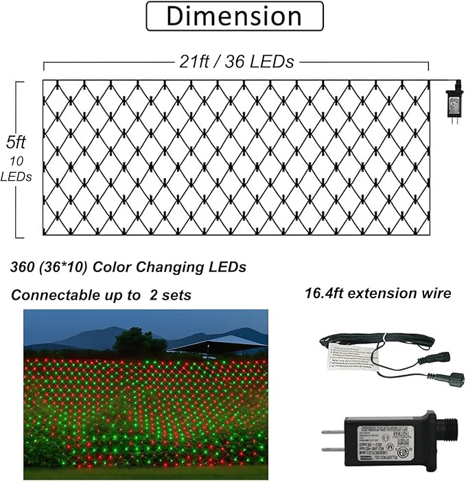 Christmas Net Lights Outdoor, 360 LED 21ft x 5ft Large Net Mesh String Lights 8 Modes, Twinkle Lights Connectable Plug in for Bushes Halloween Hedge Yard Garden Party Decor, Red and Green