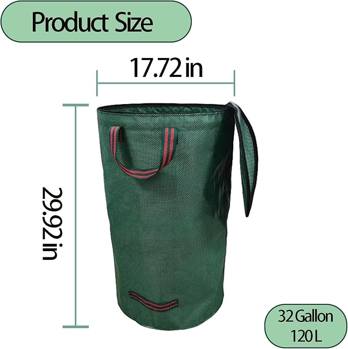 Garden Bags for Leaves, Leaf Bags Reusable Zippered Top with Yard Leaf Collector Bag Heavy Duty with 4 Handles Garden Leaf Bag Leaf Collector Come with Gloves (32Gallon)
