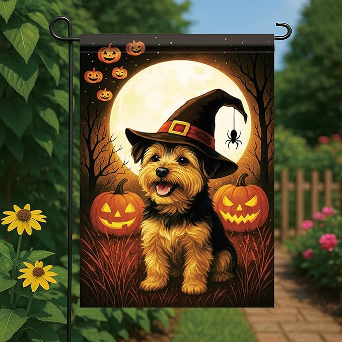 Halloween Garden Flag Yorkshire Terrier Dog Flag 12x18 Inch Double-Sided Pumpkin Witch Hat Spider Yard Banner Fall Outdoor Decoration for Porch Lawn Pathway Dog Lover Gift