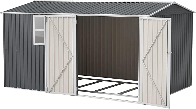 8×12 Ft Metal Outdoor Storage Shed with Floor Base and Window, 0.25mm Galvanized Steel Metal Garden Shed Waterproof with Lockable Door for Backyard, Patio, Garden, Dark Grey