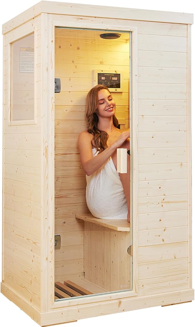 Far Infrared Sauna 1 Person Sauna Room Home Spruce Wood Indoor Saunas 900W/110V Low EMF Dry Sauna 5 Energy Saving Heating Panels, Built-in Control Panel, Speakers, Reading Lights and Circulation Vents
