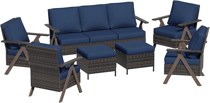 7 Pieces Patio Furniture Set,Outdoor Sofa & High Back Wicker Patio Chairs, Patio Conversation Set with Ottoman for Deck Yard and Poolside