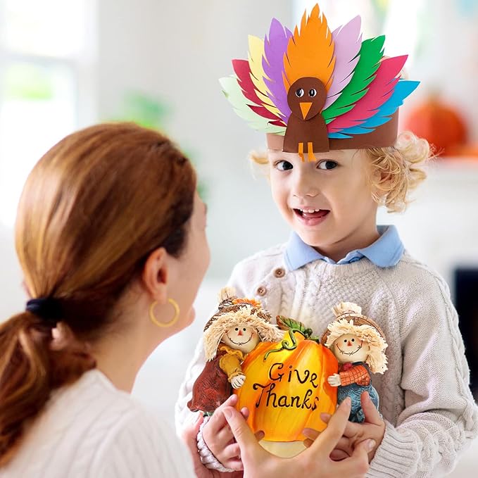 Hodao Fall Thanksgiving Resin Scarecrow Pumpkin Figurines - Adorable Scarecrow Embrace Pumpkin Decorations for Home Indoor Table Decor-Fall Thanksgiving Gifts