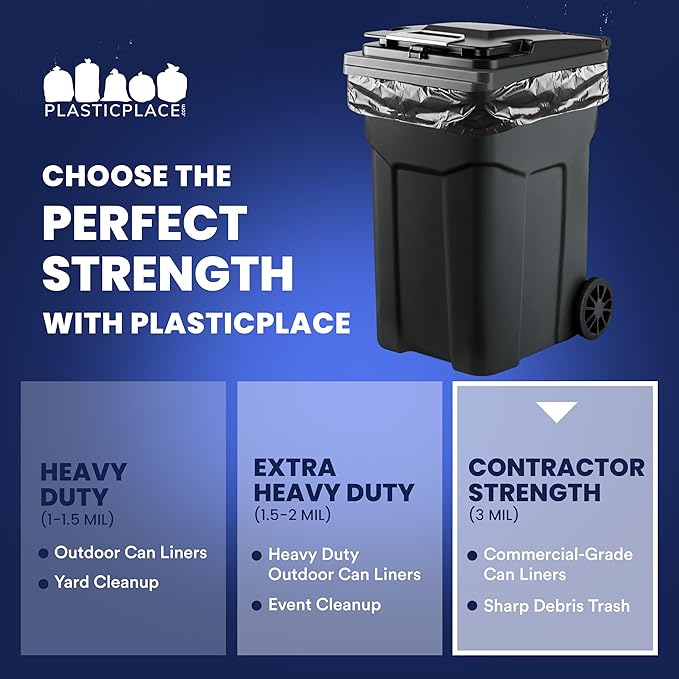 Plasticplace 64-65 Gallon Trash Can Liners for Toter │ 3.0 Mil │ Black Heavy Duty Garbage Bags │ 50” x 60” (25 Count),W65LDBTL3