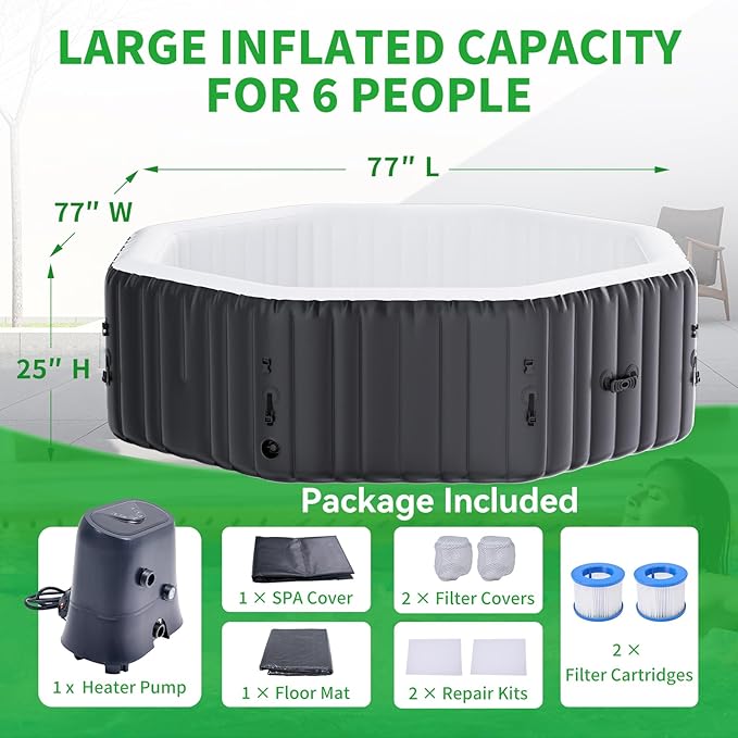 Inflatable Hot Tub, 4-6 Person Polygon Portable Blow Up Hot Tub, Leak-Proof PVC Outdoor Spa with 130 Strong Air Jets, Heater Pump and Insulated Cover, 77” X 77”X 25”