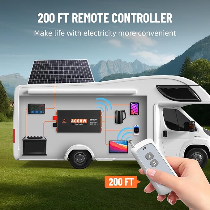 4000W Power Inverter 12V DC to 110V/120V AC Converter for RV/Truck/Boat/Camping/Off-Grid Solar Car Power Inverter Peak Power 8000W with 4 AC Outlets,USB & Type-C Port, Remote Controller & LCD Screen