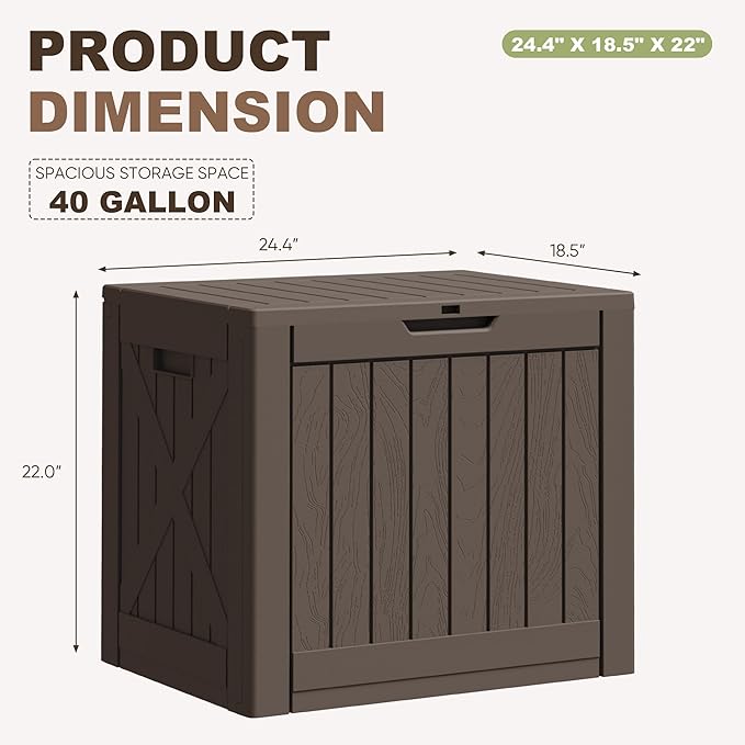 Greesum 40 Gallon Resin Deck Box, Outdoor Storage for Patio Furniture, Garden Tools, Pool Supplies, Weatherproof and UV Resistant, Lockable, Brown
