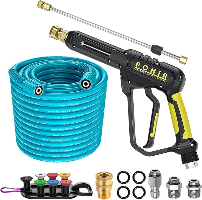 POHIR 3600PSI Pressure Washer Gun and Hose 50ft, Power Washer Hose Gun 15 in Extension Wand Accessories Replacement Parts Kit with Nozzle Tips and 3/8'' QC Set Suitable for Home and Outdoor Cleaning