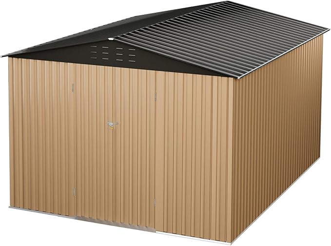 10x12 Ft Outdoor Metal Storage Shed, Galvanized Steel Garden Sheds with Lockable Doors, Extra Large Utility and Tool Storage for Patio Lawn Backyard Outside Use, Brown