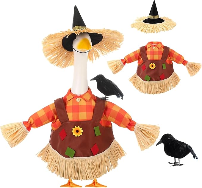 3 Pcs Thanksgiving Scarecrow Porch Goose Outfits for 23 Inch Lawn Statue Goose Design with Hat Thanksgiving Day Fall Garden Patio Yard Outdoor Party Decorations(Female Scarecrow)