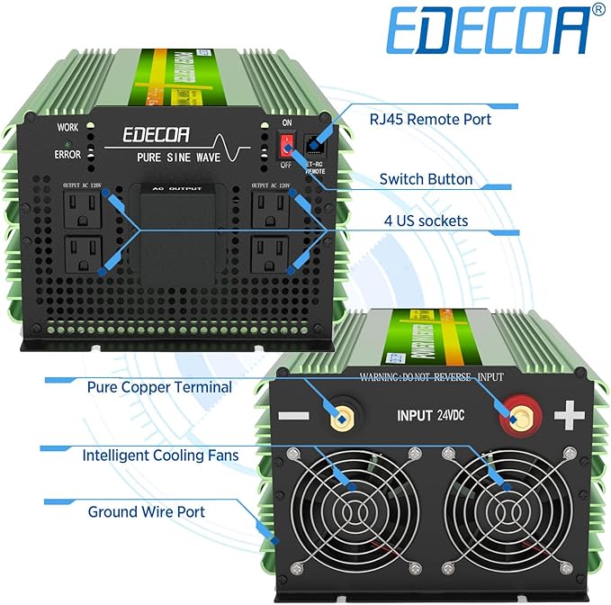 EDECOA 3500W 24 Volts Pure Sine Wave Power Inverter DC 24V to 110V 120V AC with LCD Display and Remote Controller for Truck Motorhome Boat Power Converter
