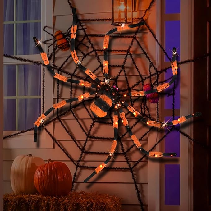 Giant Spider Halloween Decorations, 60” Large Black Hairy Scary Virtual Realistic Spider with 56 LED Orange Lights Red Eyes Timer for Spiderweb Indoor Outdoor Yard Party Halloween Decor
