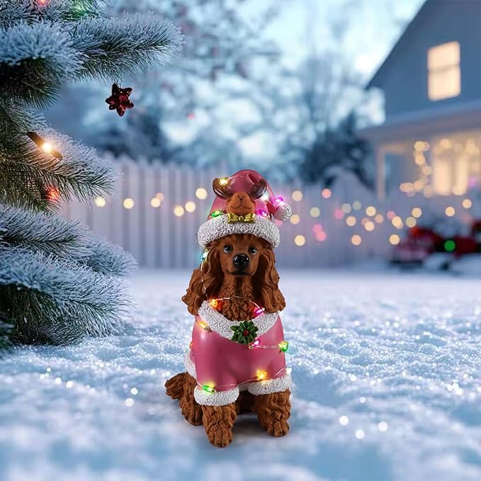 Christmas Decorations Outdoor Dog Statue, Resin Poodle Dog Sculpture with Pink Christmas Santa Outfit & Lights, Battery Operated Indoor Holiday Décor Gift for mom