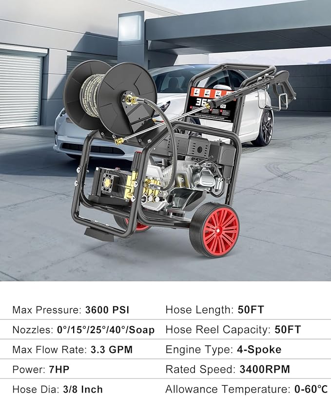 3600 PSI Gas Pressure Washer, One-Button Start 212cc 7HP Engine 3.3GPM, Includes Hose Reel，50 FT 3/8 inch Hose，5 Quick Connect Nozzles，Spray Gun and Wand
